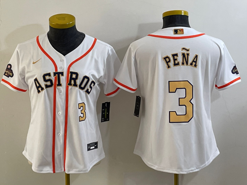 Women's Houston Astros #3 Jeremy Peña White 2023 Gold Collection With World Serise Champions Patch Stitched Jersey(Run Small)
